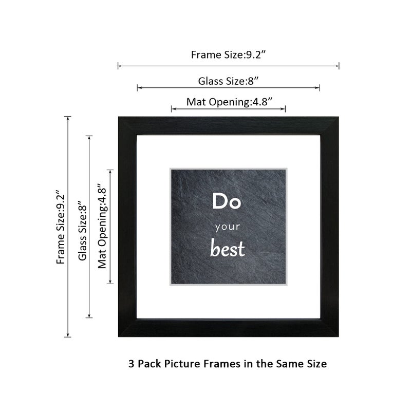 DEKWINN 8x8 Picture Frame Set of 3 with Real Glass for Pictures 5x5 with Mat or 8x8 Without Mat  Wall Gallery or Tabletop display Photo Frames in Black - Image 2